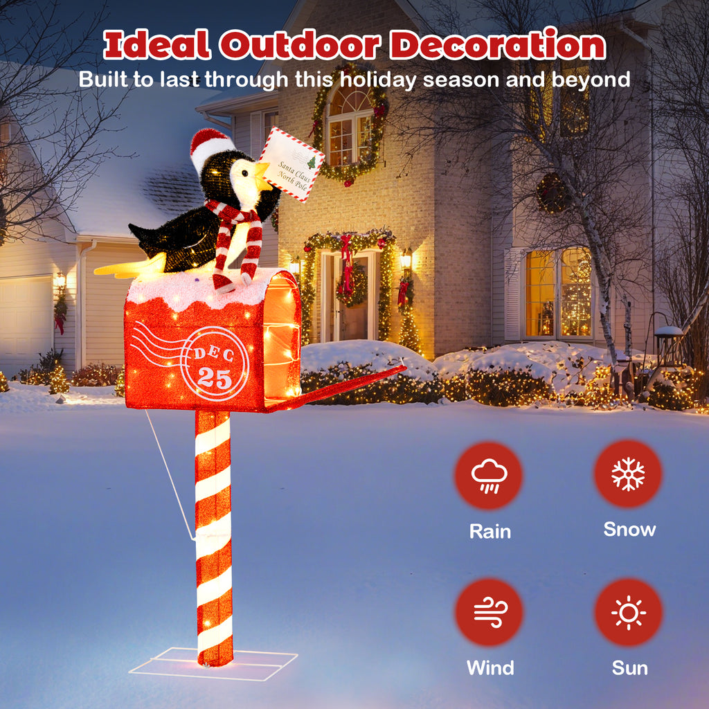 Christmas Lighted Penguin Mailbox Decoration - 4.8 FT Pre-lit Xmas Scene with 100 LED Warm White Lights - Penguin Mailbox Variation