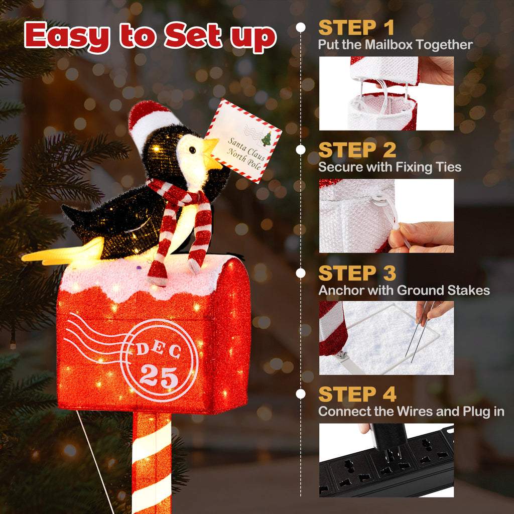 Christmas Lighted Penguin Mailbox Decoration - 4.8 FT Pre-lit Xmas Scene with 100 LED Warm White Lights - Penguin Mailbox Variation