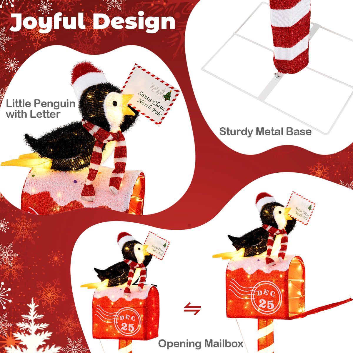 Christmas Lighted Penguin Mailbox Decoration - 4.8 FT Pre-lit Xmas Scene with 100 LED Warm White Lights - Penguin Mailbox Variation