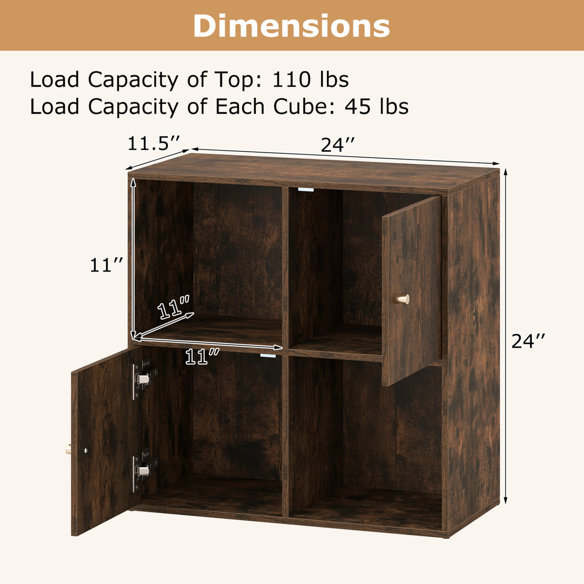 4-Cube Bookcase 3-Tier Bookshelf with Dual Anti-Tipping Kits and 2