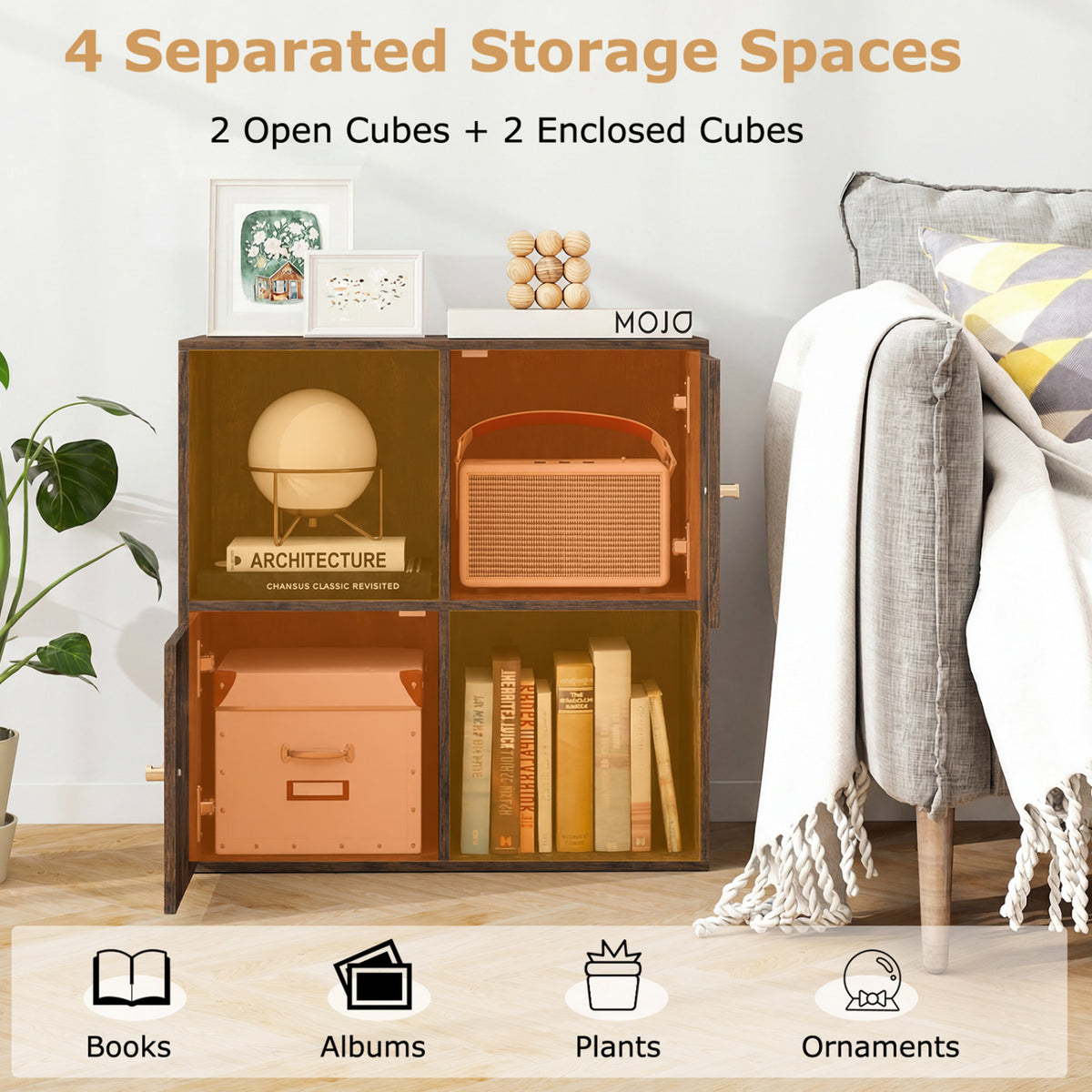 4-Cube Bookcase 3-Tier Bookshelf with Dual Anti-Tipping Kits and 2