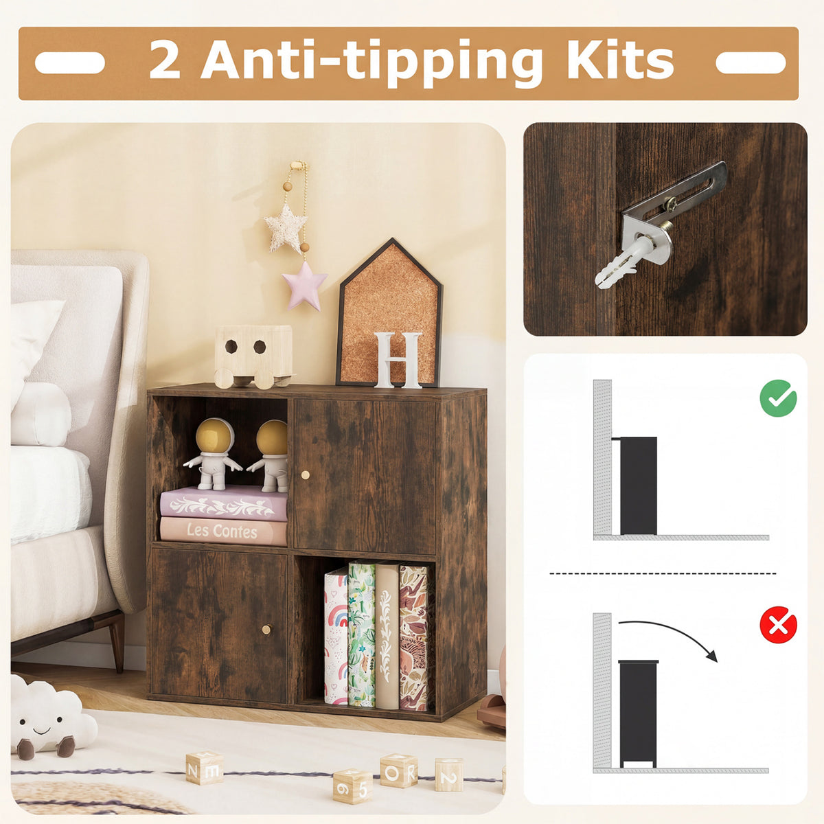4-Cube Bookcase 3-Tier Bookshelf with Dual Anti-Tipping Kits and 2