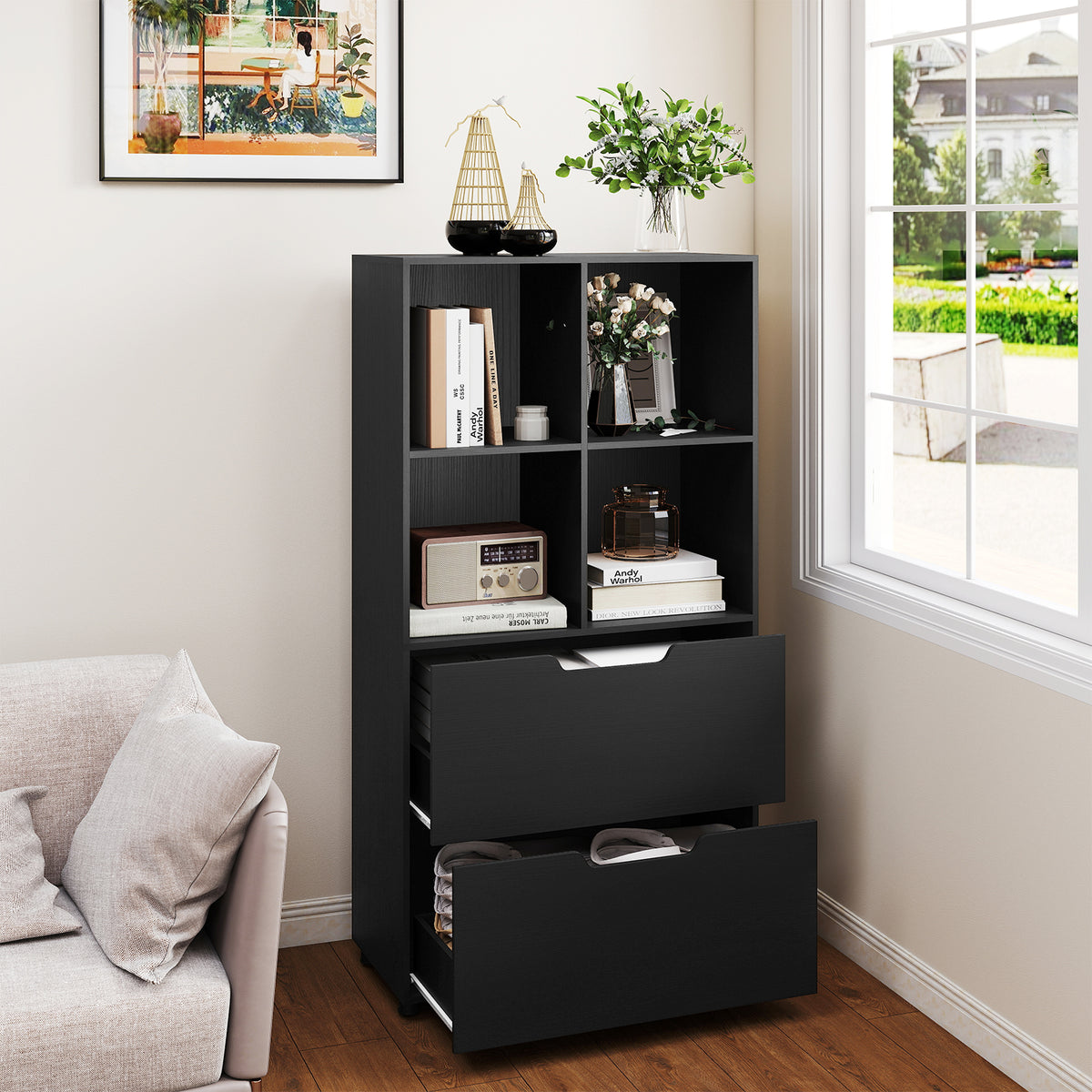 4-Cube Bookcase with 2 Drawers 51 inch - Gray