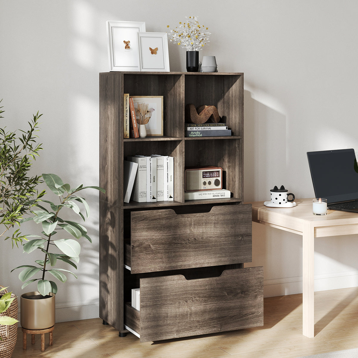 4-Cube Bookcase with 2 Drawers 51 inch 5-Tier Tall Freestanding