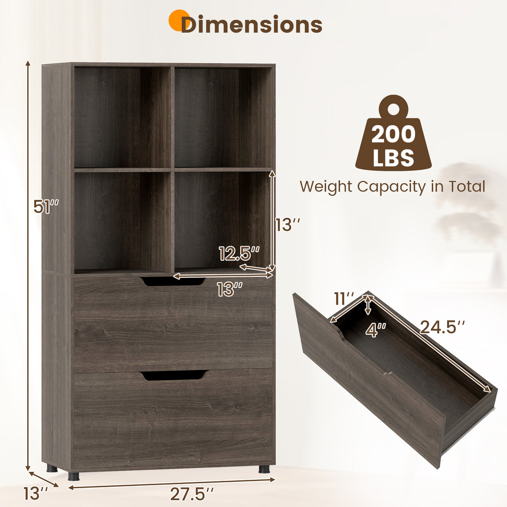 4-Cube Bookcase with 2 Drawers 51 inch - Gray