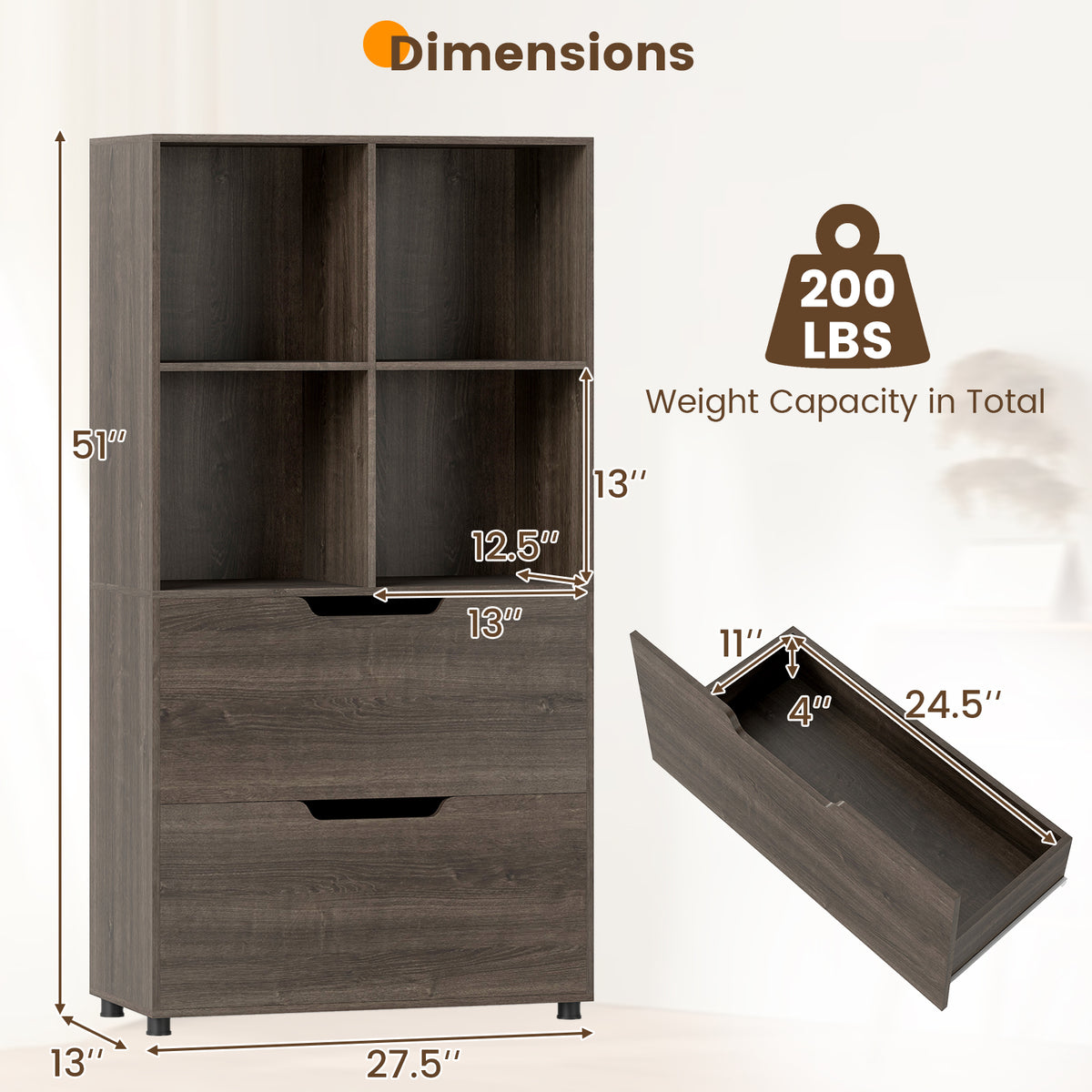 4-Cube Bookcase with 2 Drawers 51 inch - Gray