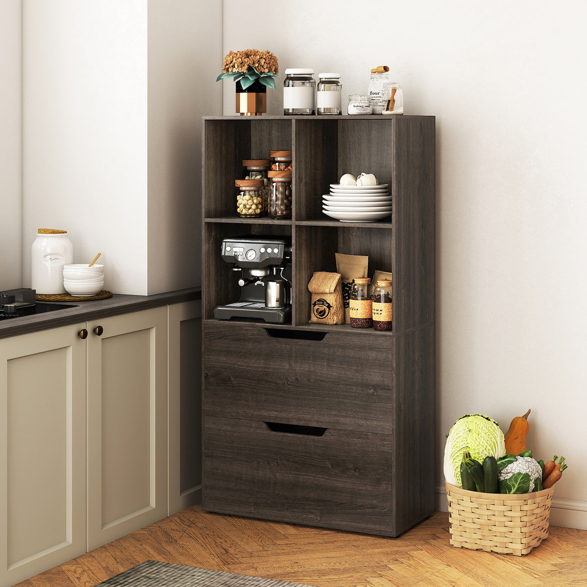 4-Cube Bookcase with 2 Drawers 51 inch - Gray