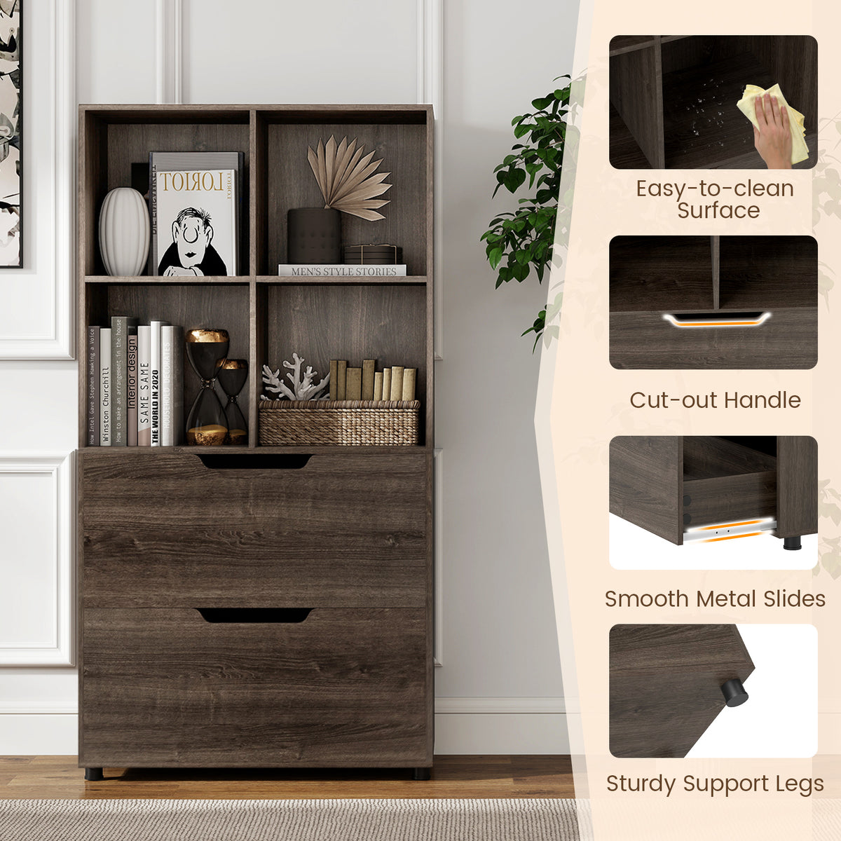 4-Cube Bookcase with 2 Drawers 51 inch - Gray