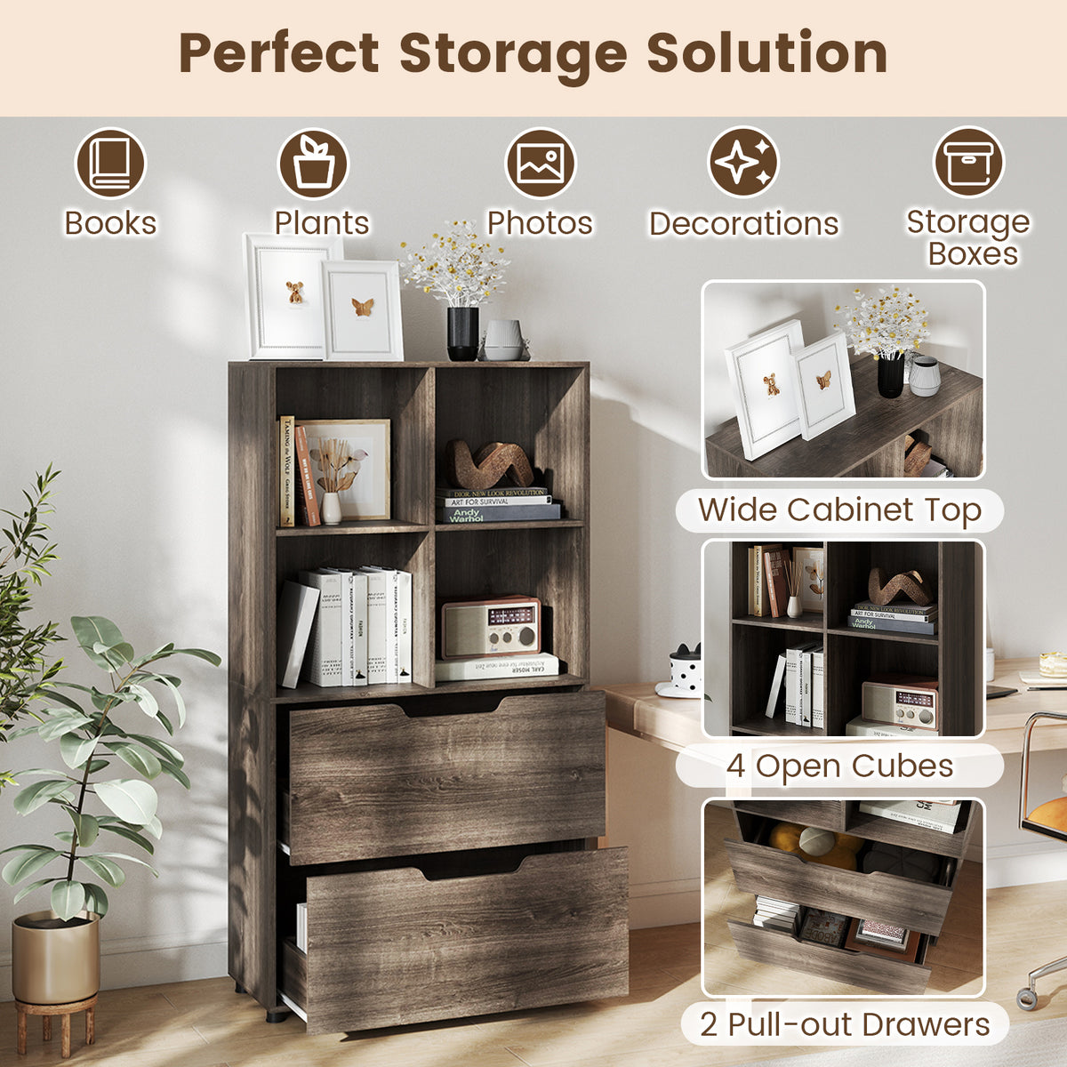 4-Cube Bookcase with 2 Drawers 51 inch - Gray