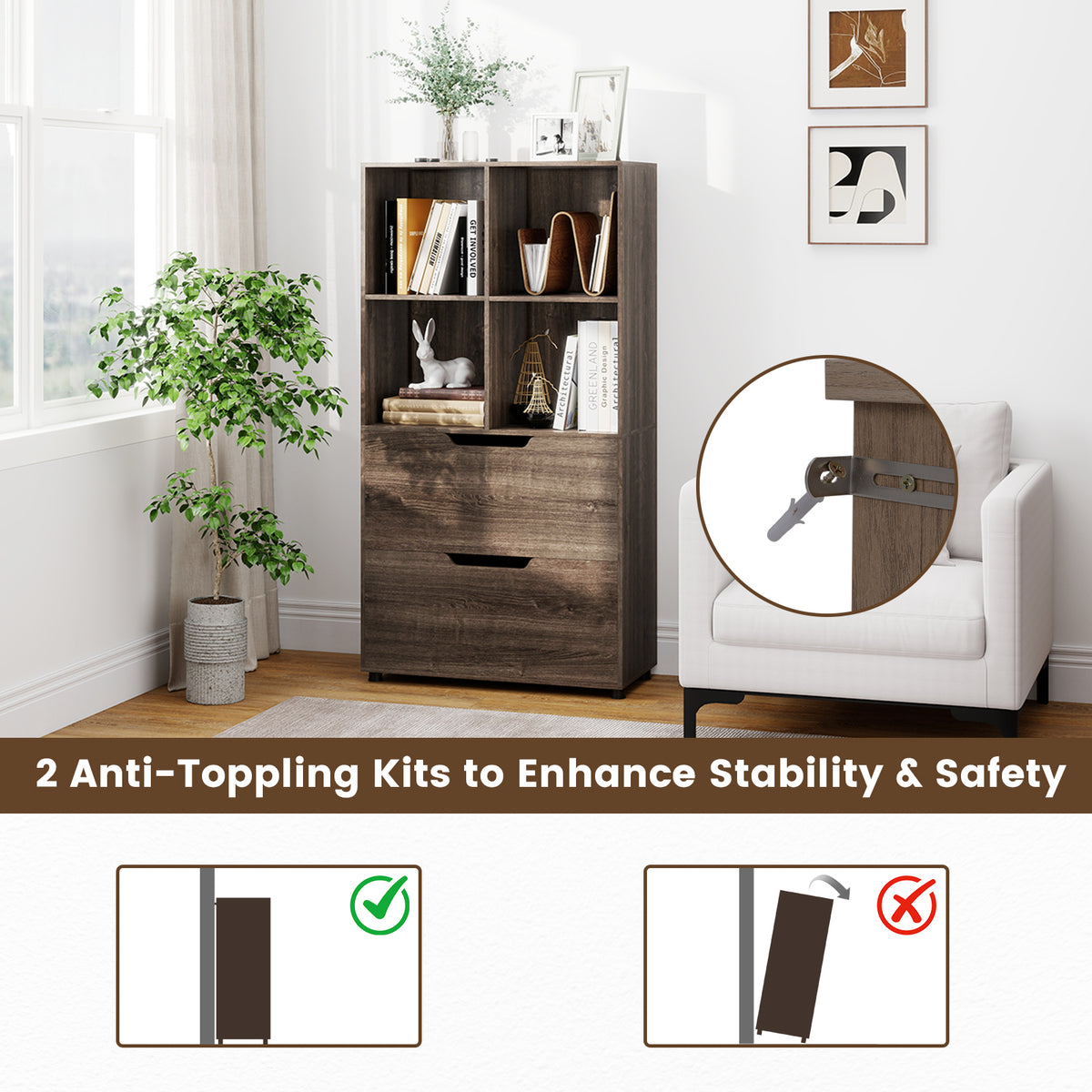 4-Cube Bookcase with 2 Drawers 51 inch - Gray