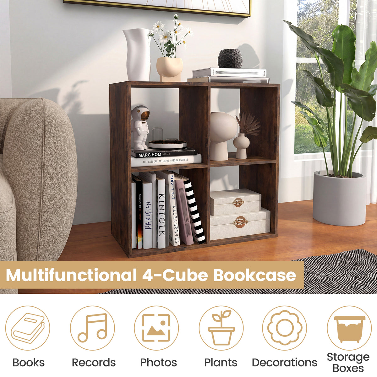 4 Cube Bookshelf with Back Guardrail - Coffee