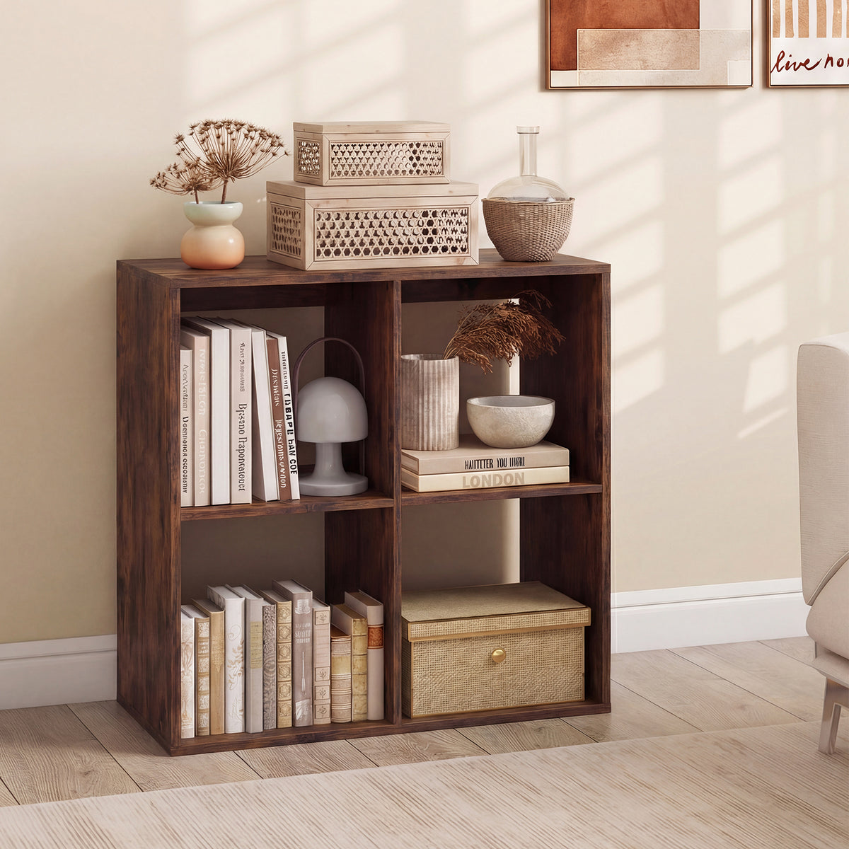 4 Cube Bookshelf with Back Guardrail - Coffee