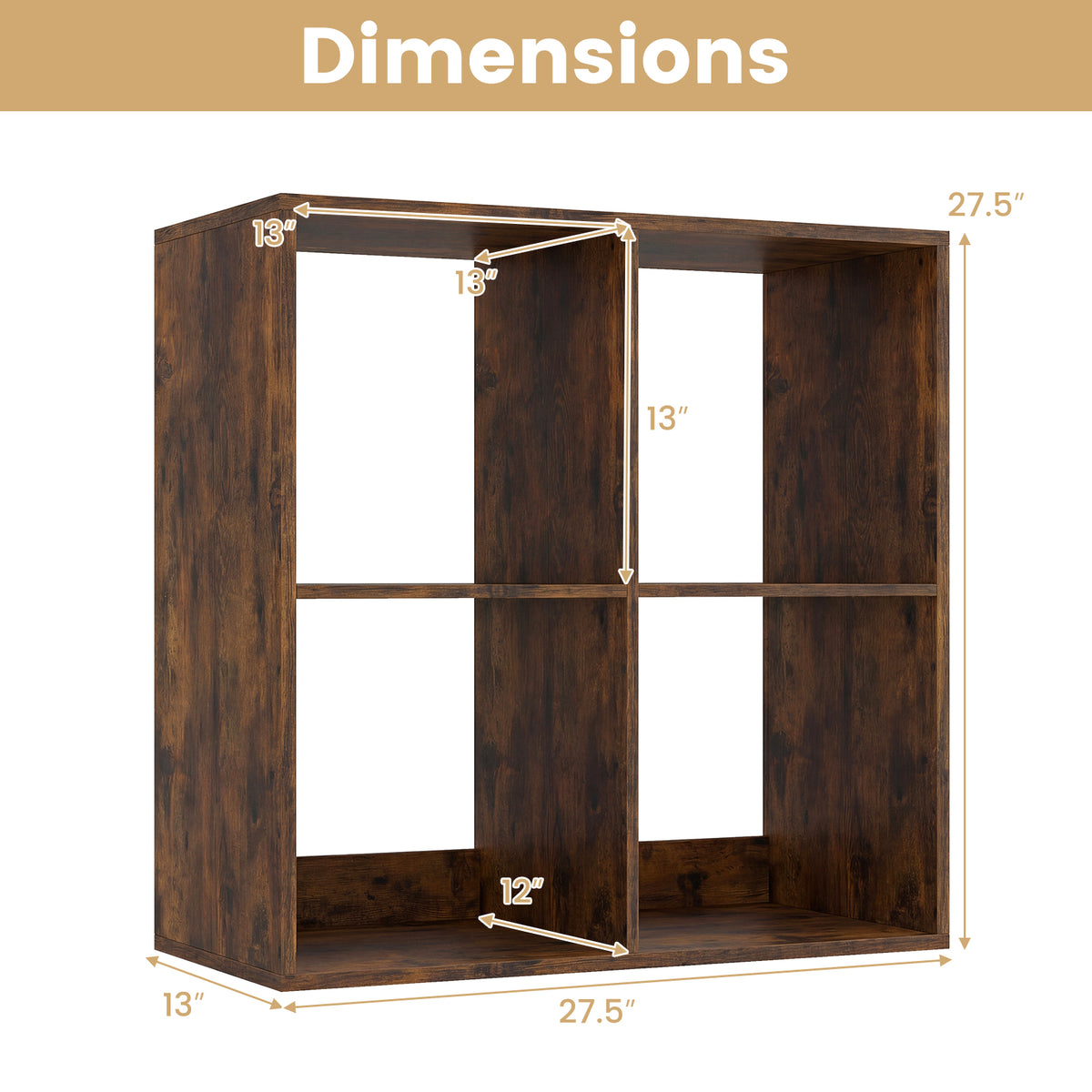 4 Cube Bookshelf with Back Guardrail for Living Room Bedroom