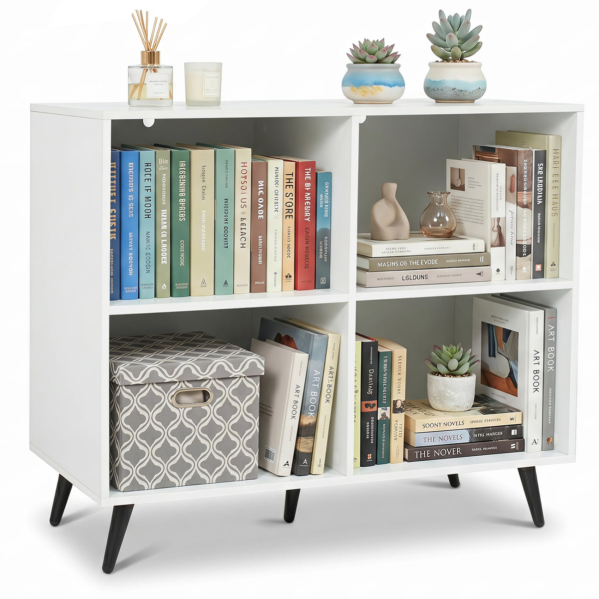 4-Cube Wooden Bookshelf Bookcase with 5 Metal Legs for Home