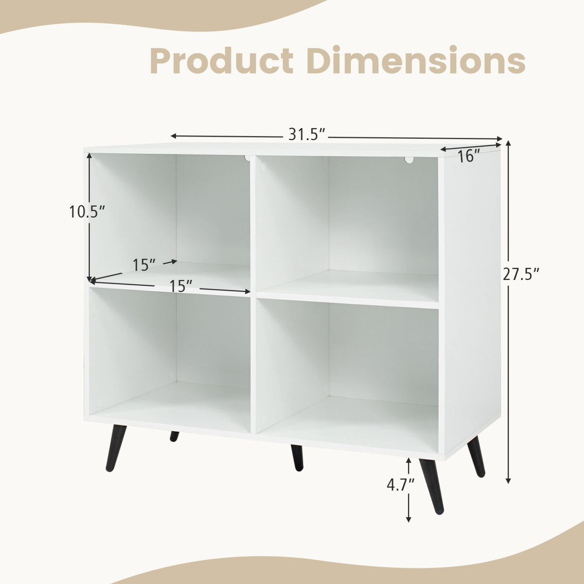 4-Cube Wooden Bookshelf Bookcase with 5 Metal Legs for Home