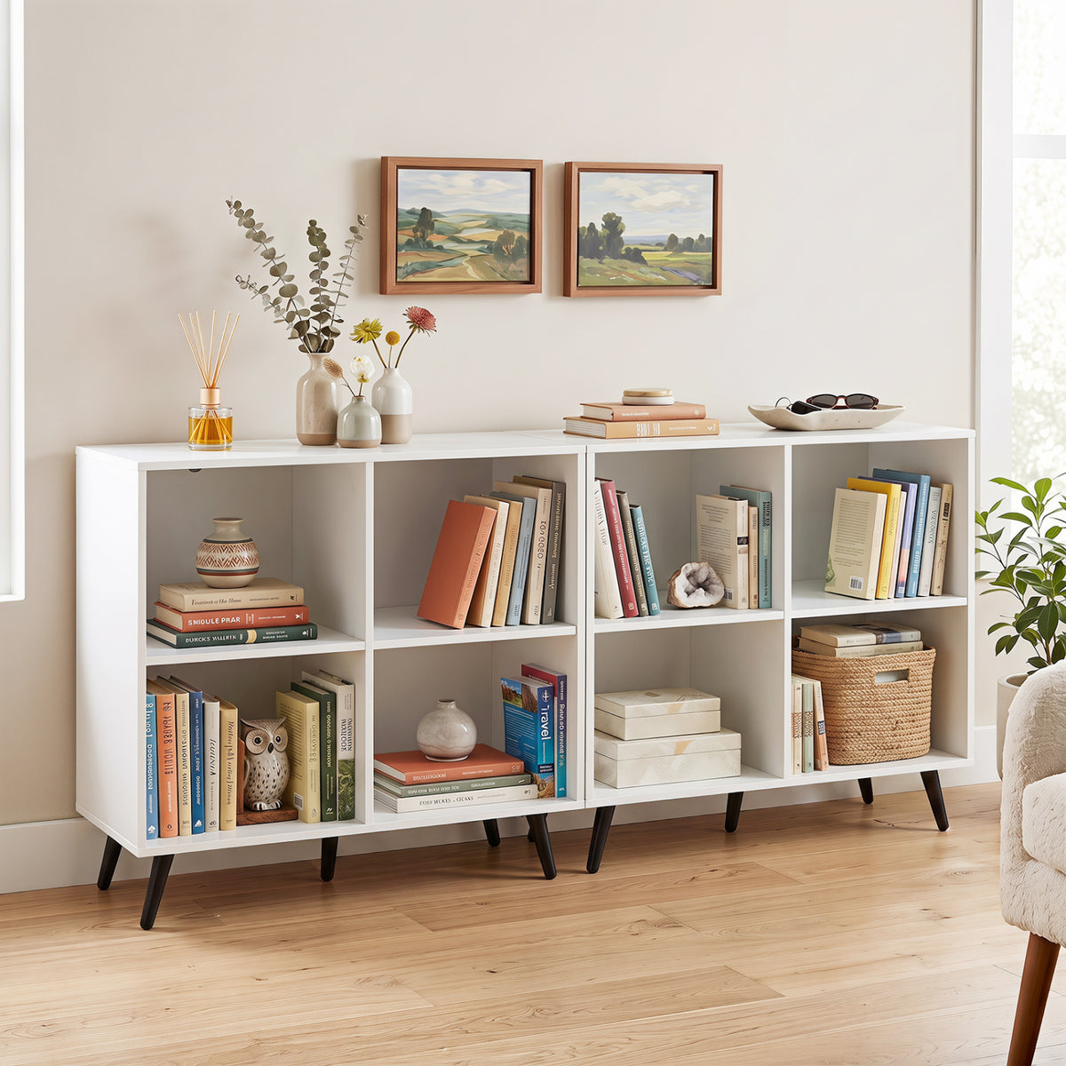 4-Cube Wooden Bookshelf Bookcase with 5 Metal Legs for Home