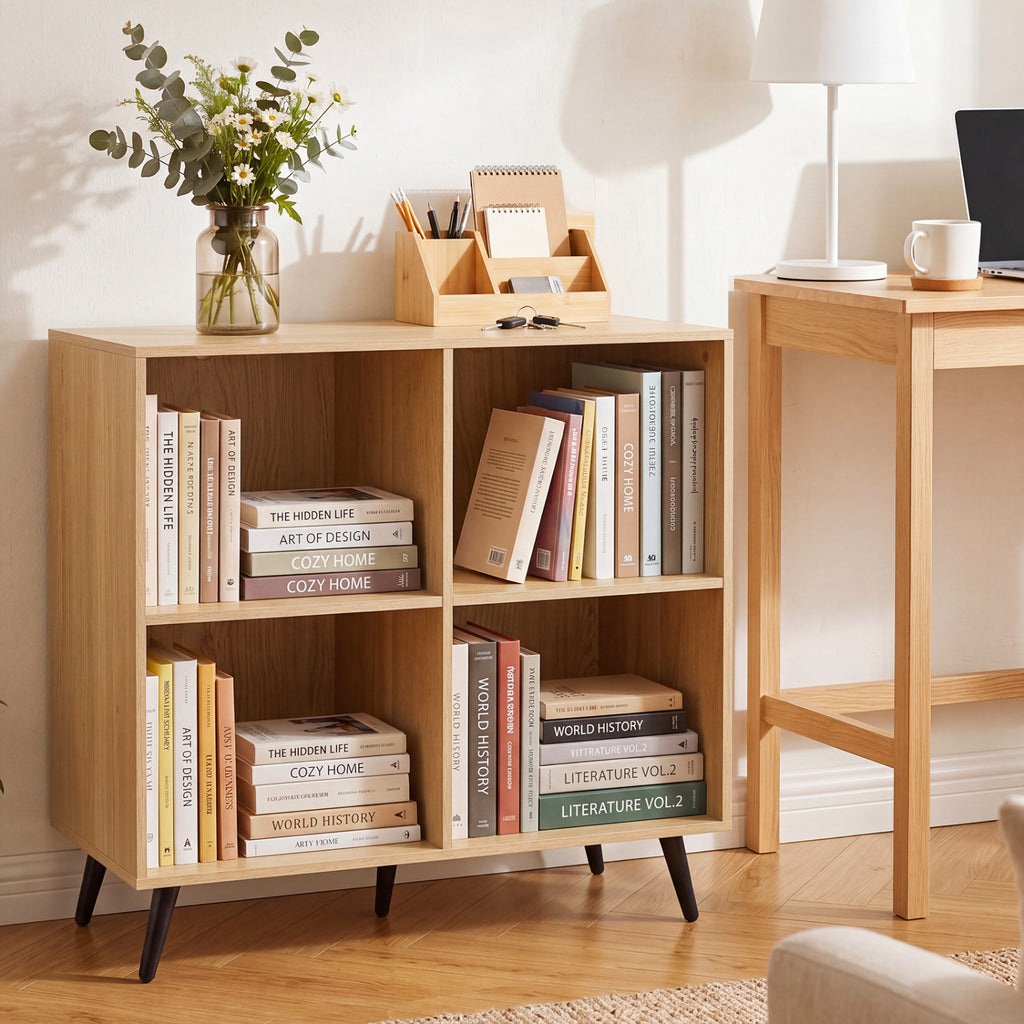 4-Cube Wooden Bookshelf Bookcase with 5 Metal Legs for Home