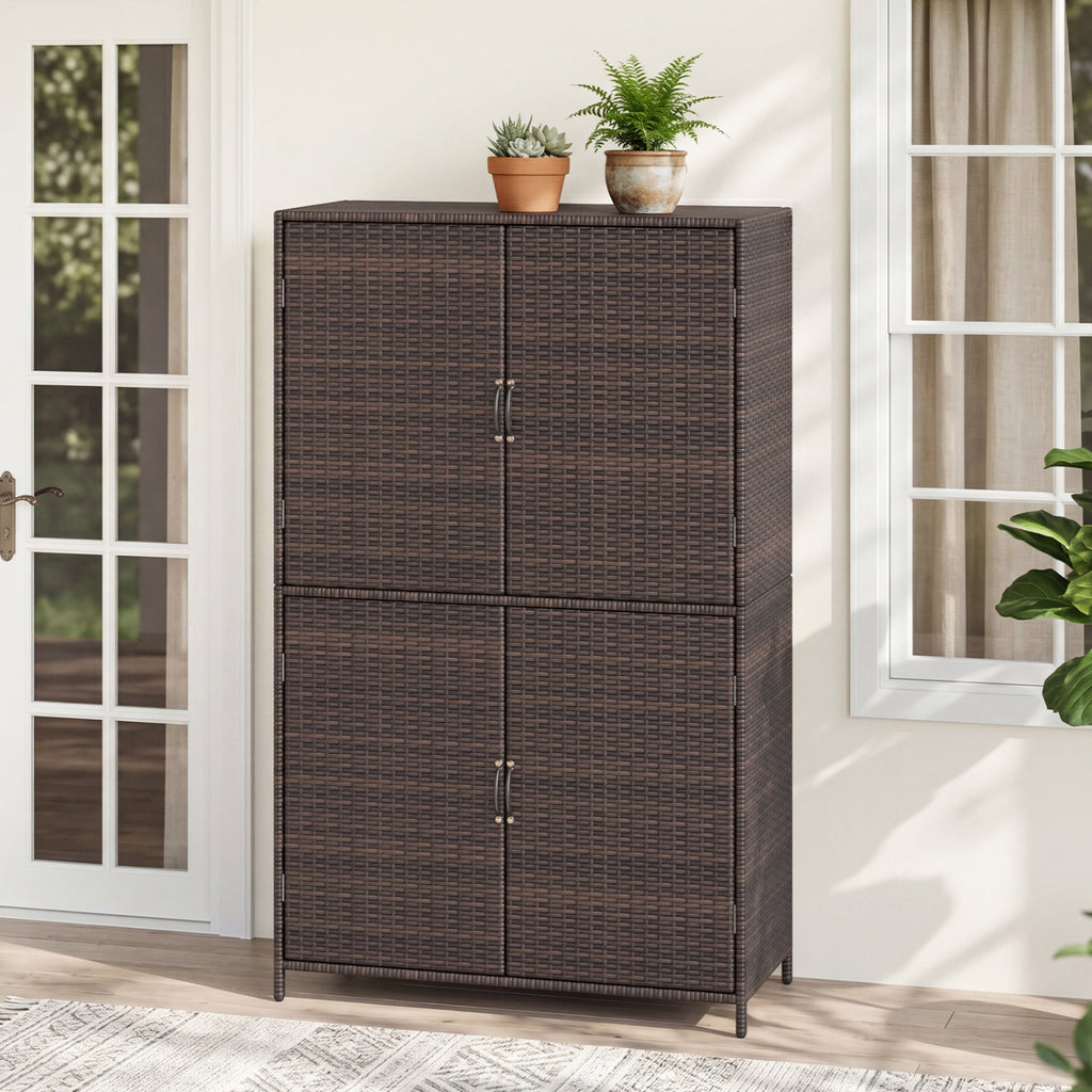 4-Door Rattan Vertical Storage Shed with Adjustable Shelves