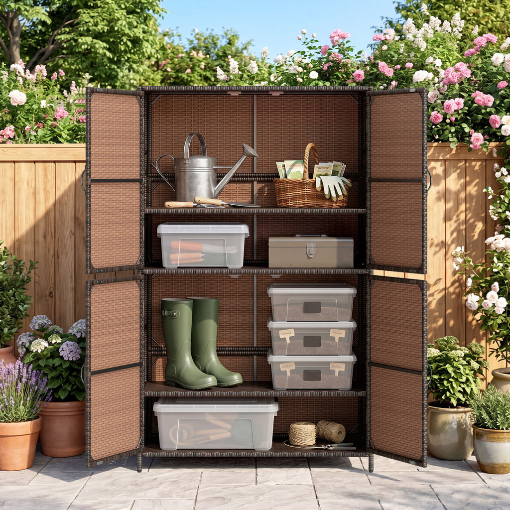 4-Door Rattan Vertical Storage Shed with Adjustable Shelves