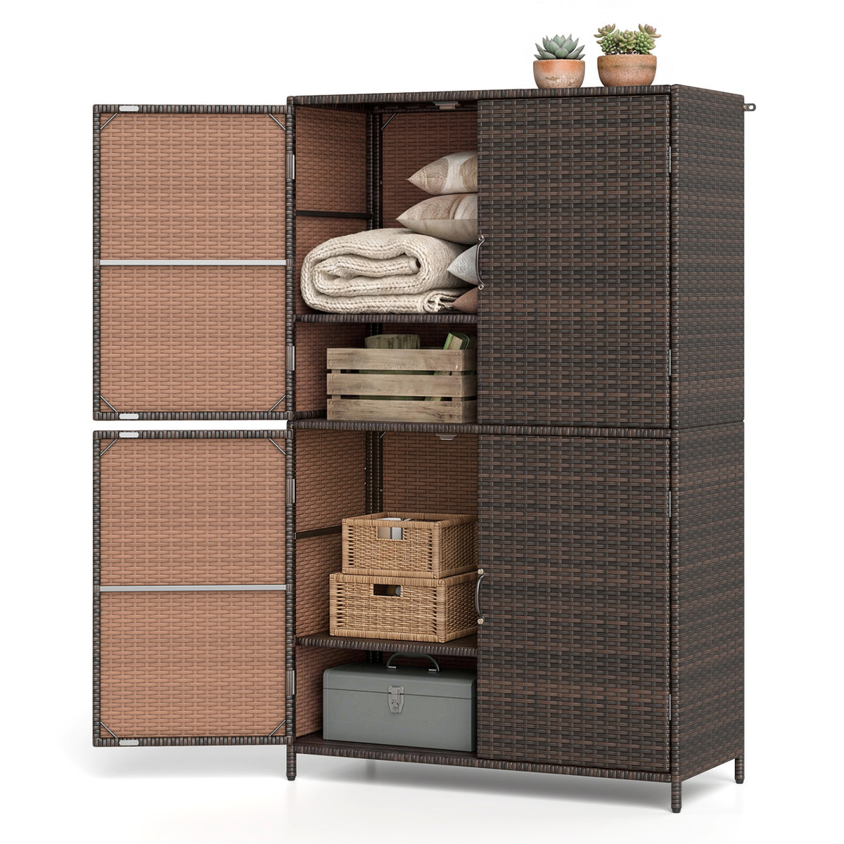 4-Door Rattan Vertical Storage Shed with Adjustable Shelves