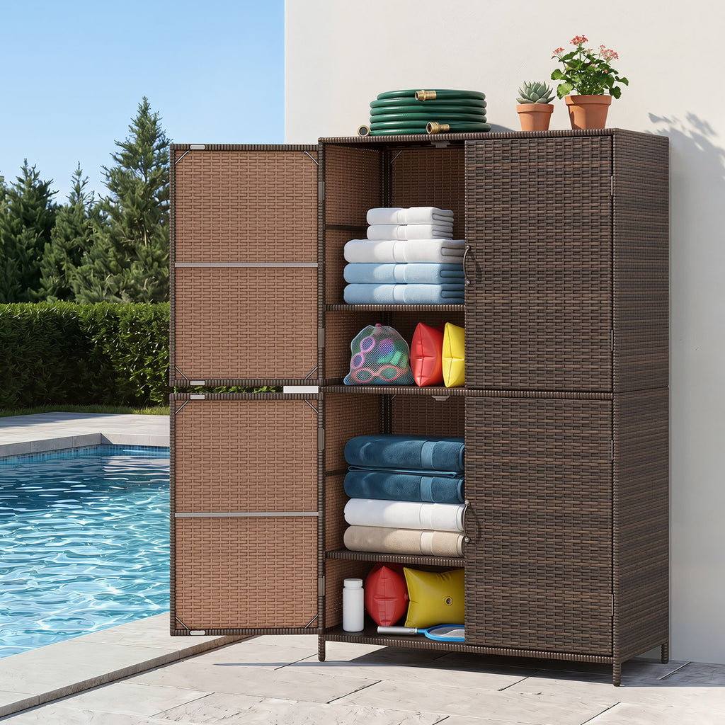 4-Door Rattan Vertical Storage Shed with Adjustable Shelves