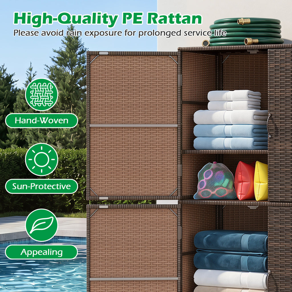4-Door Rattan Vertical Storage Shed with Adjustable Shelves