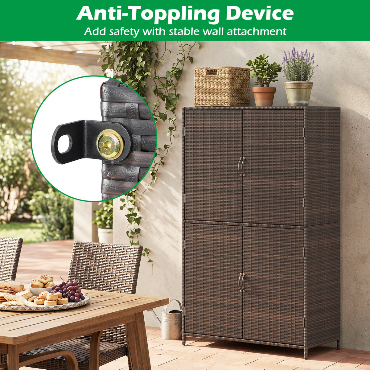 4-Door Rattan Vertical Storage Shed with Adjustable Shelves