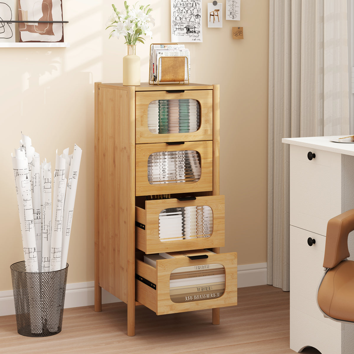 4-Drawer Bamboo Dresser with Glass Drawers - Natural