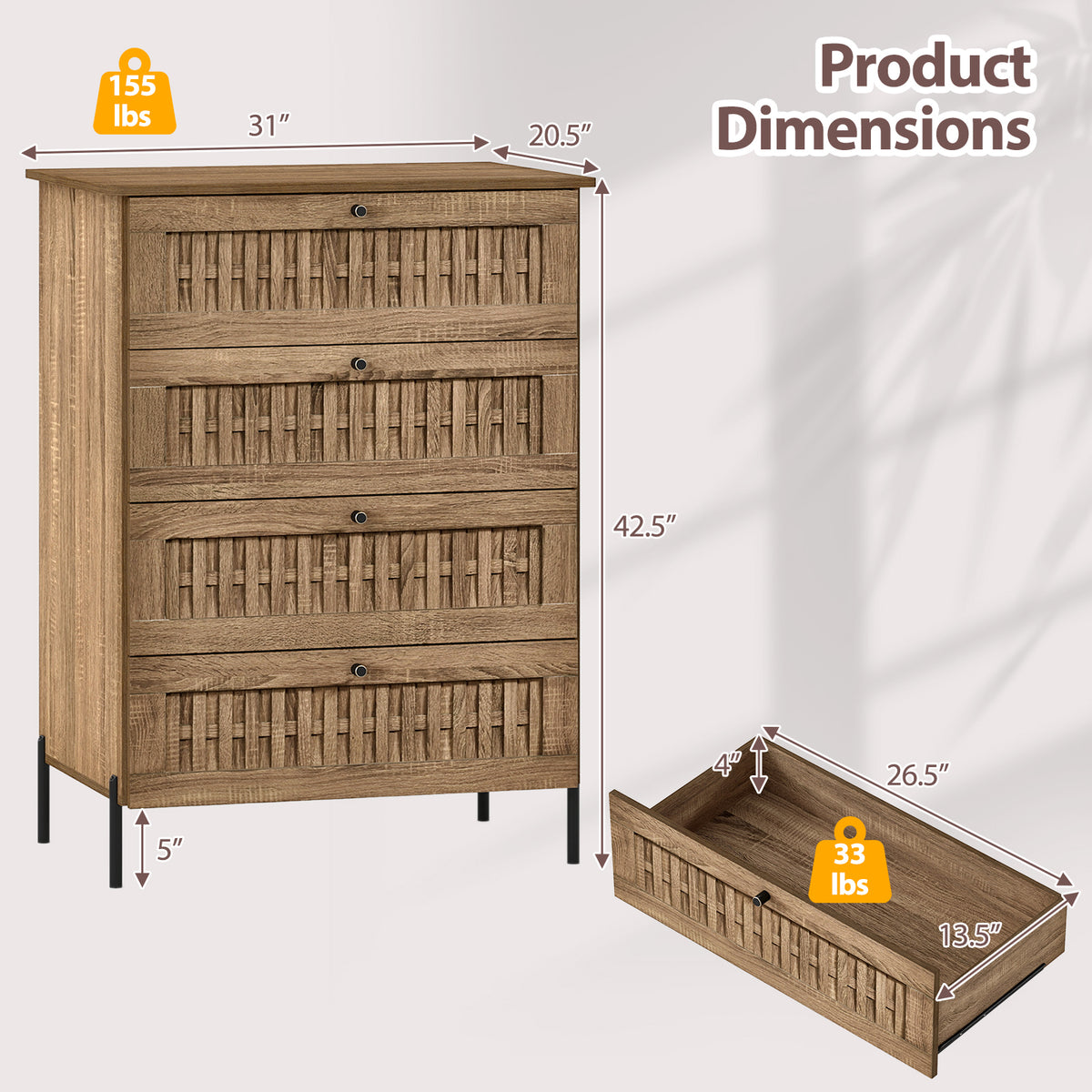 4-Drawer Dresser with Metal Legs - Oak