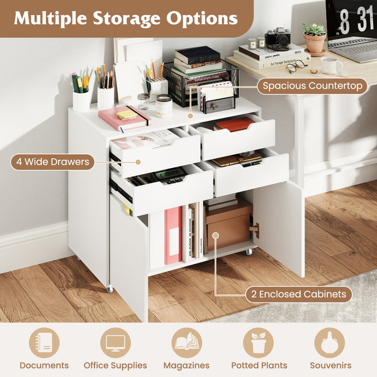 4-Drawer File Cabinet with Wheels - White & 2 Cabinets