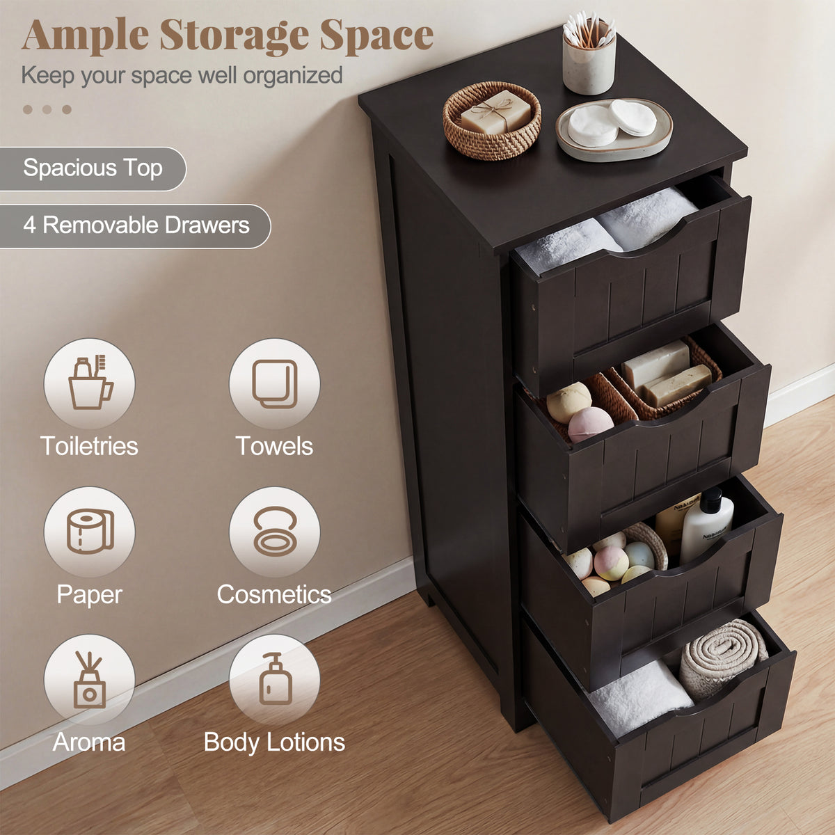 4-Drawer Freestanding Floor Cabinet, Dark Brown