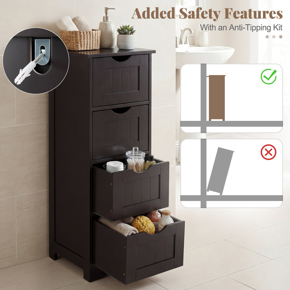 4-Drawer Freestanding Floor Cabinet, Dark Brown