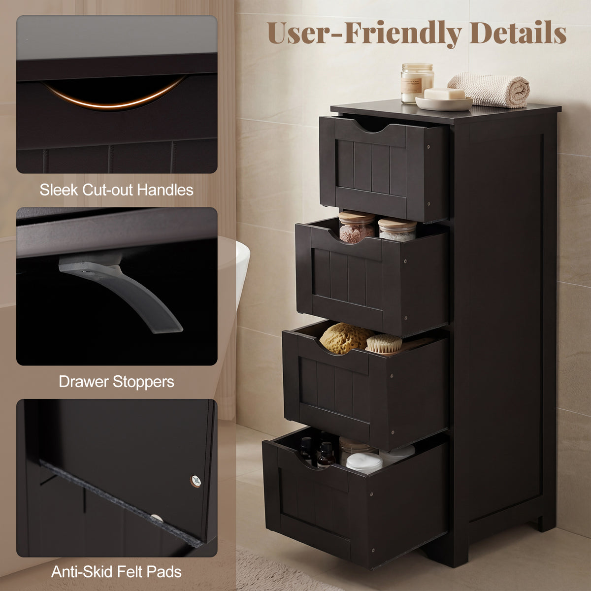 4-Drawer Freestanding Floor Cabinet, Dark Brown