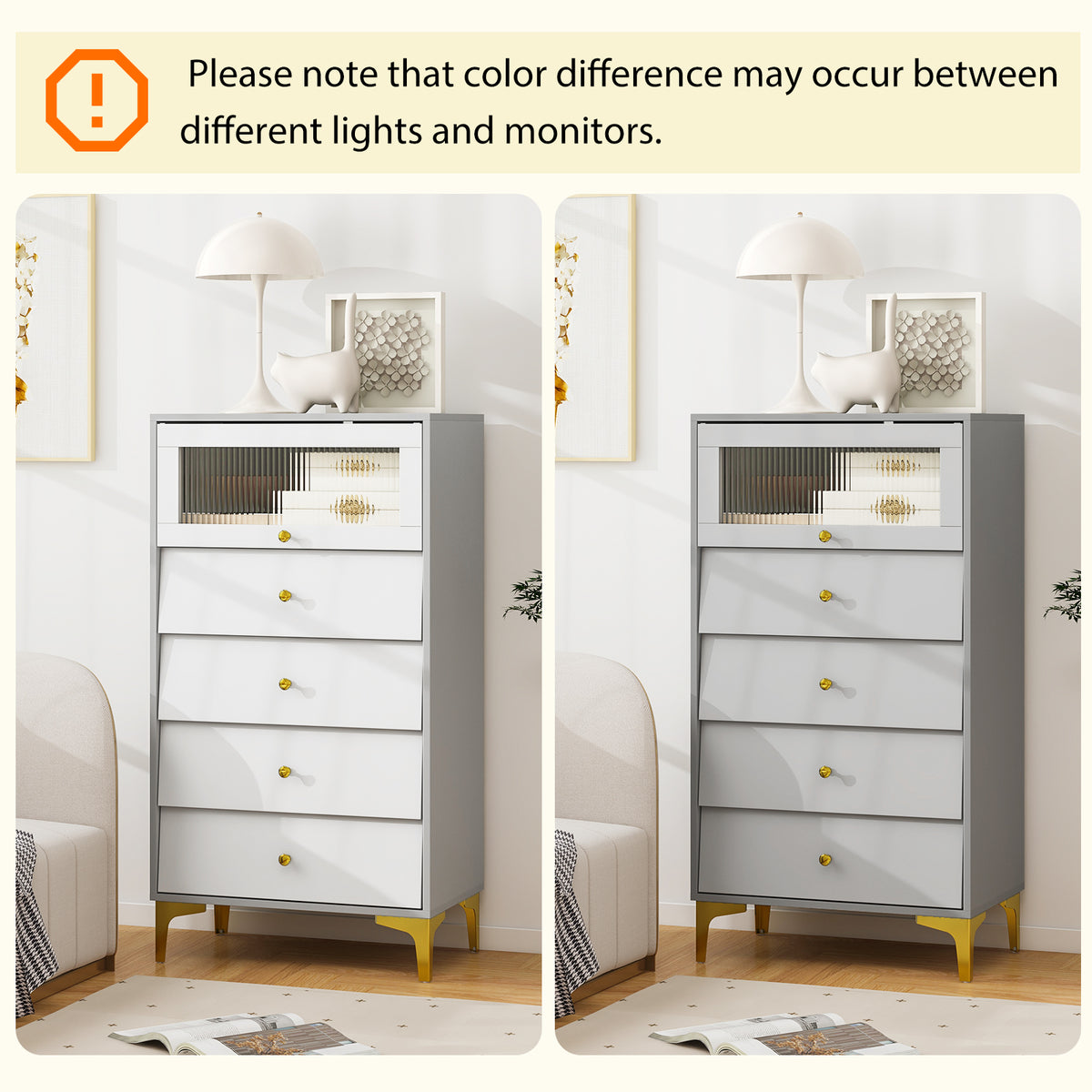 4 Drawer Storage Cabinet with Glass Door - Gray & White