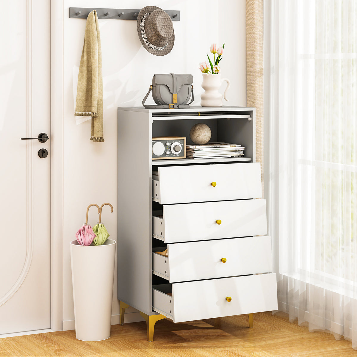 4 Drawer Storage Cabinet with Glass Door - Gray & White