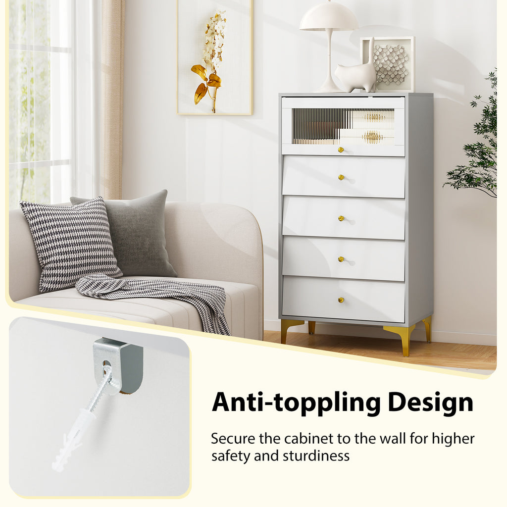 4 Drawer Storage Cabinet with Glass Door - Gray & White