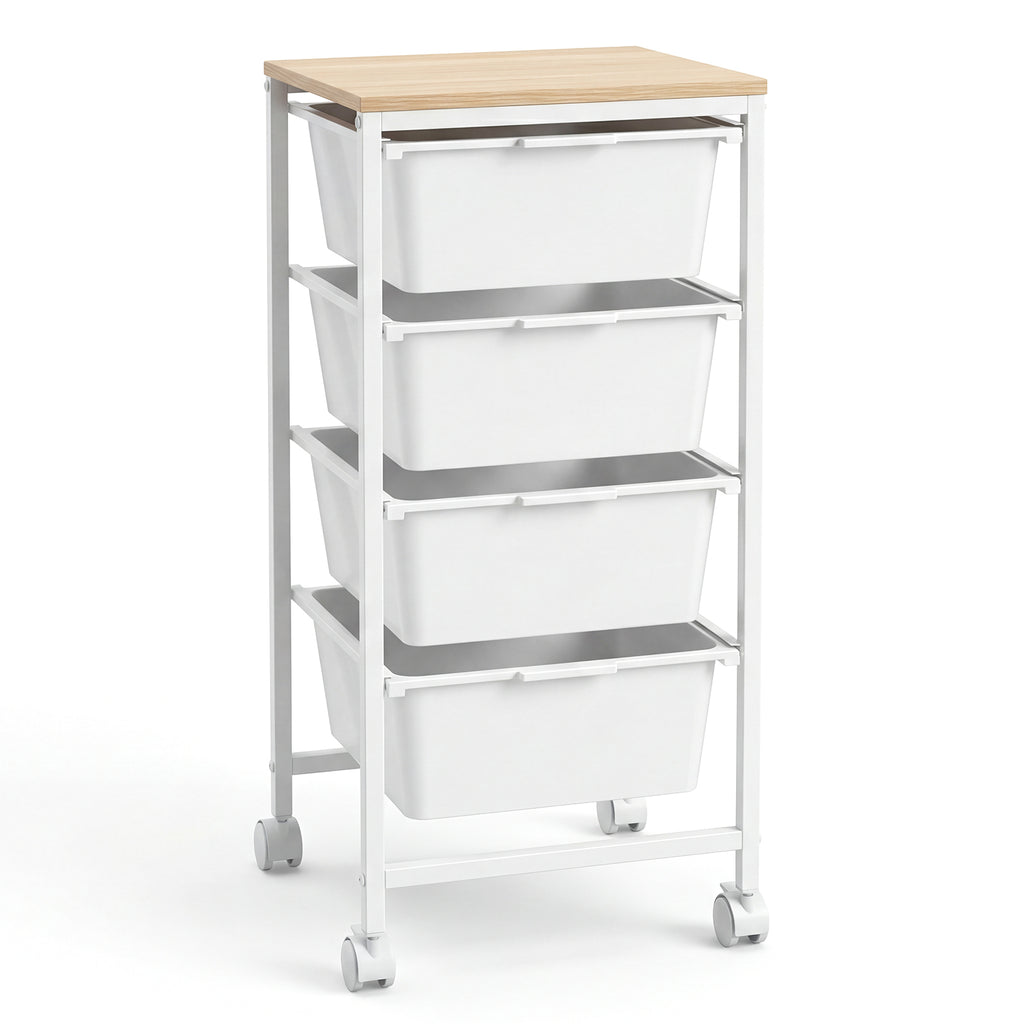 6-Drawer Rolling Storage Cart with Wooden Tabletop - White