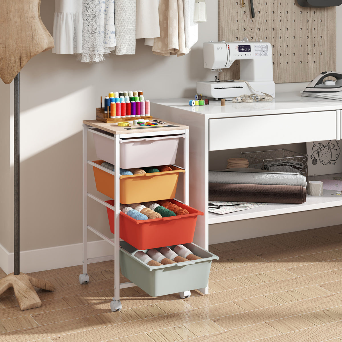 4-Drawer Rolling Storage Cart with Wooden Top - Macaron
