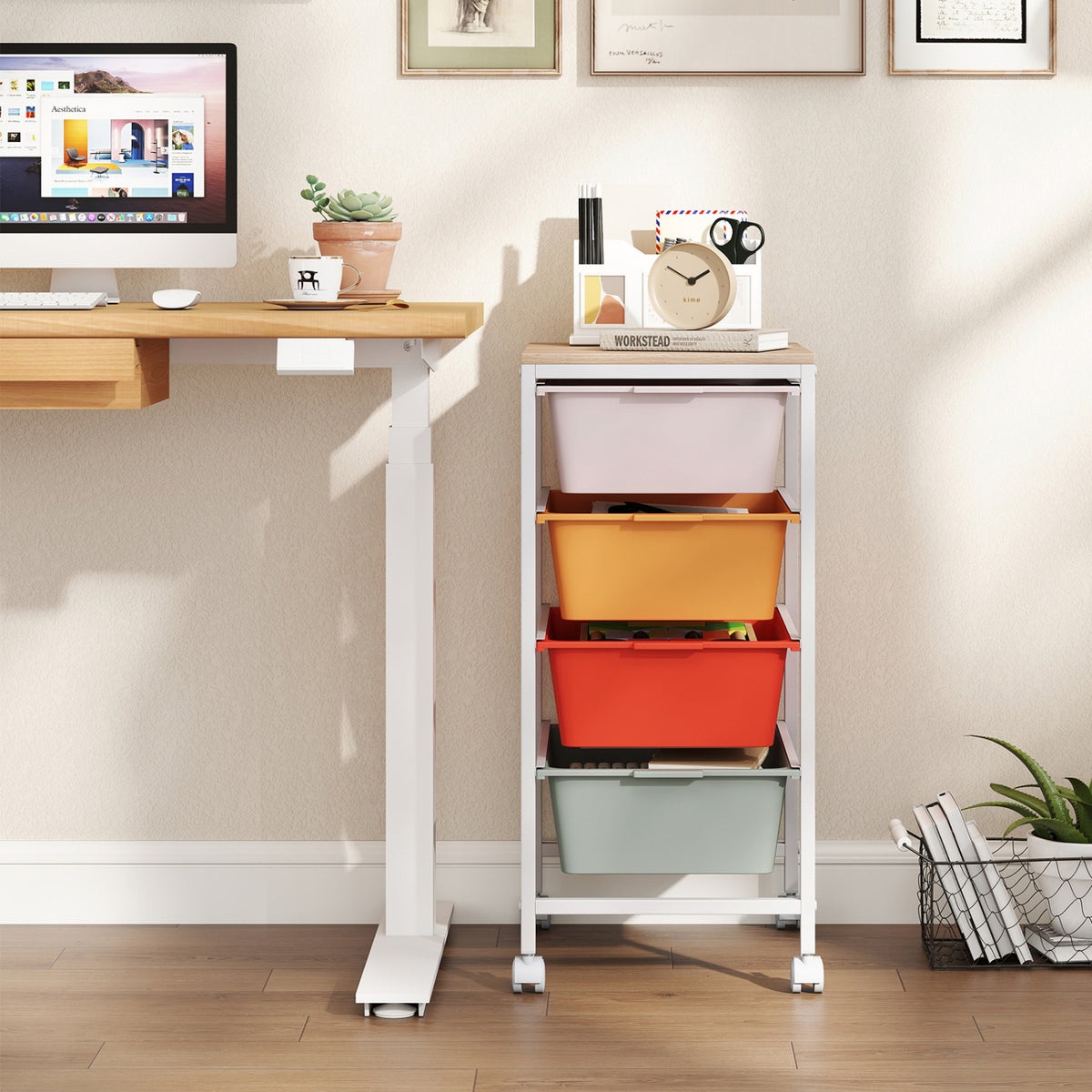 4-Drawer Rolling Storage Cart with Wooden Top - Macaron