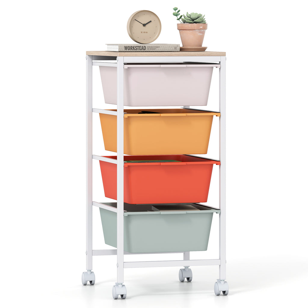 4-Drawer Rolling Storage Cart with Wooden Top - Macaron
