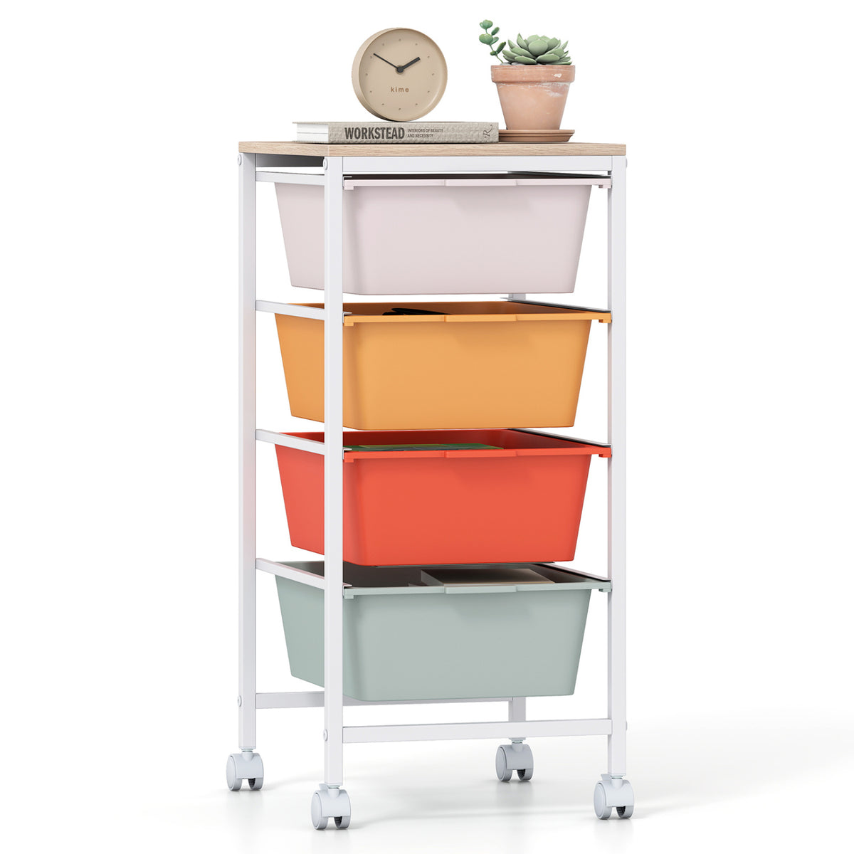 4-Drawer Rolling Storage Cart with Wooden Top - Macaron