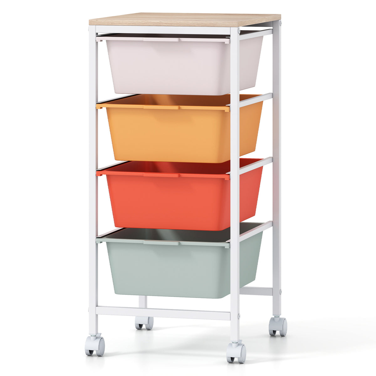 4-Drawer Rolling Storage Cart with Wooden Top - Macaron