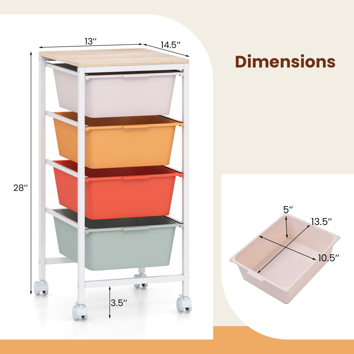 4-Drawer Rolling Storage Cart with Wooden Top - Macaron