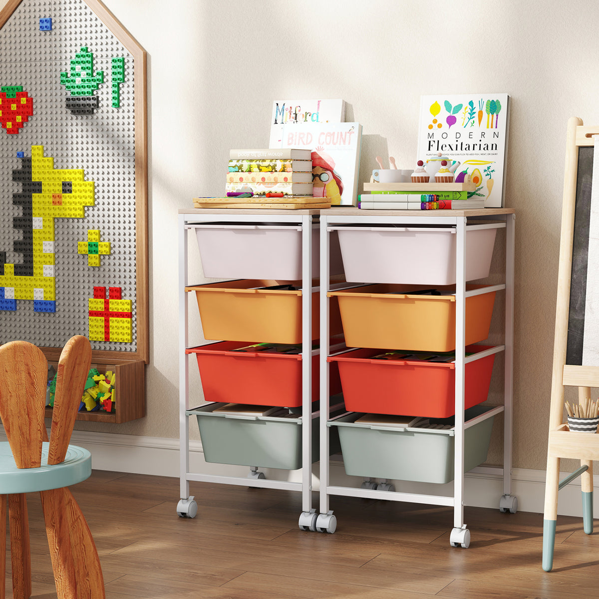 4-Drawer Rolling Storage Cart with Wooden Top - Macaron