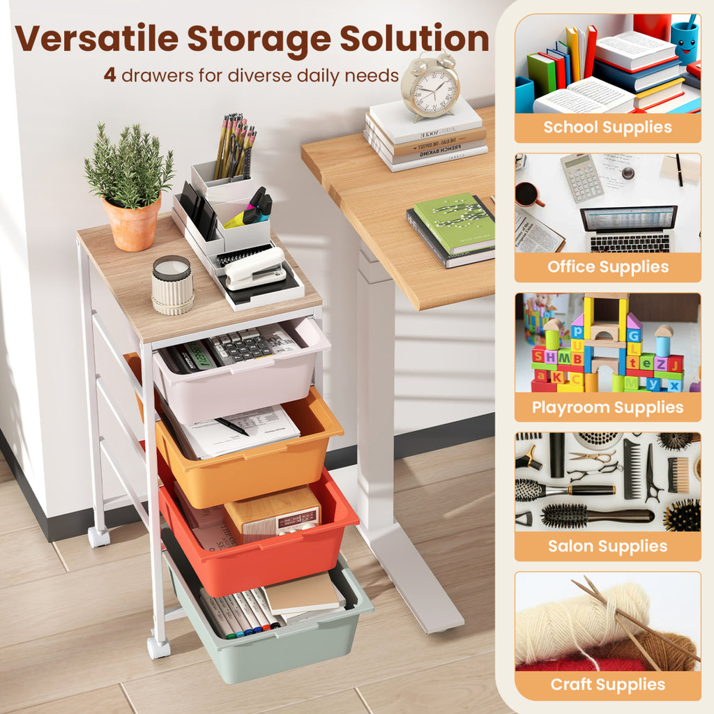 4-Drawer Rolling Storage Cart with Wooden Top - Macaron