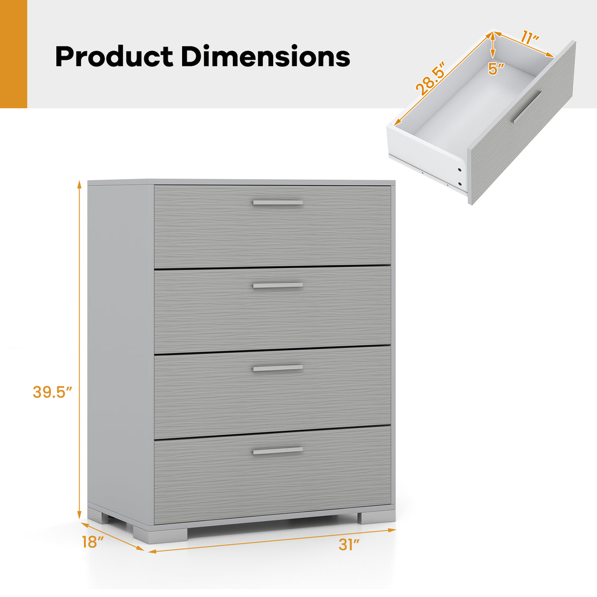 4 Drawer Storage Cabinet with Metal Legs - Gray