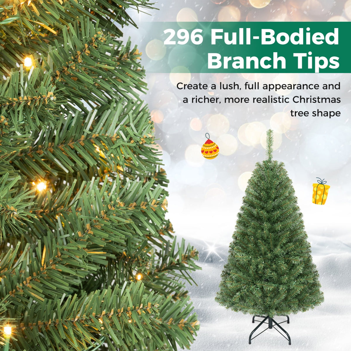 Artificial Christmas Tree with 2 Lighting Colors - 4 Ft, Foldable Metal Stand, 2128 Tips