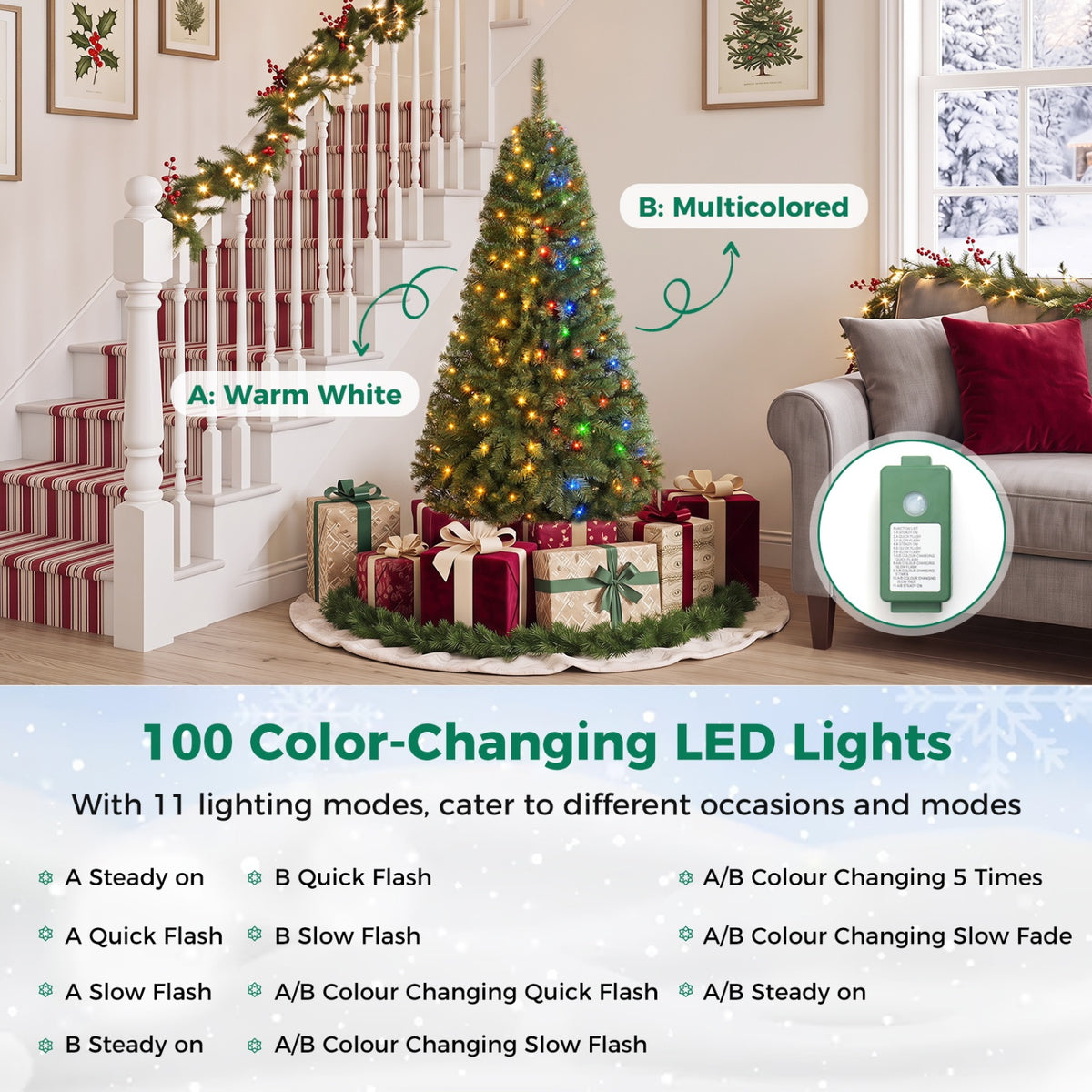 Artificial Christmas Tree with 2 Lighting Colors - 4 Ft, Foldable Metal Stand, 2128 Tips