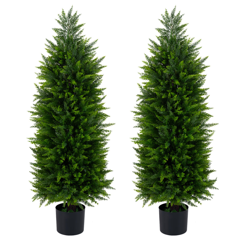 Artificial Topiary Tree Set of 2 in Cement Pots - Green Faux Cedar Cypress