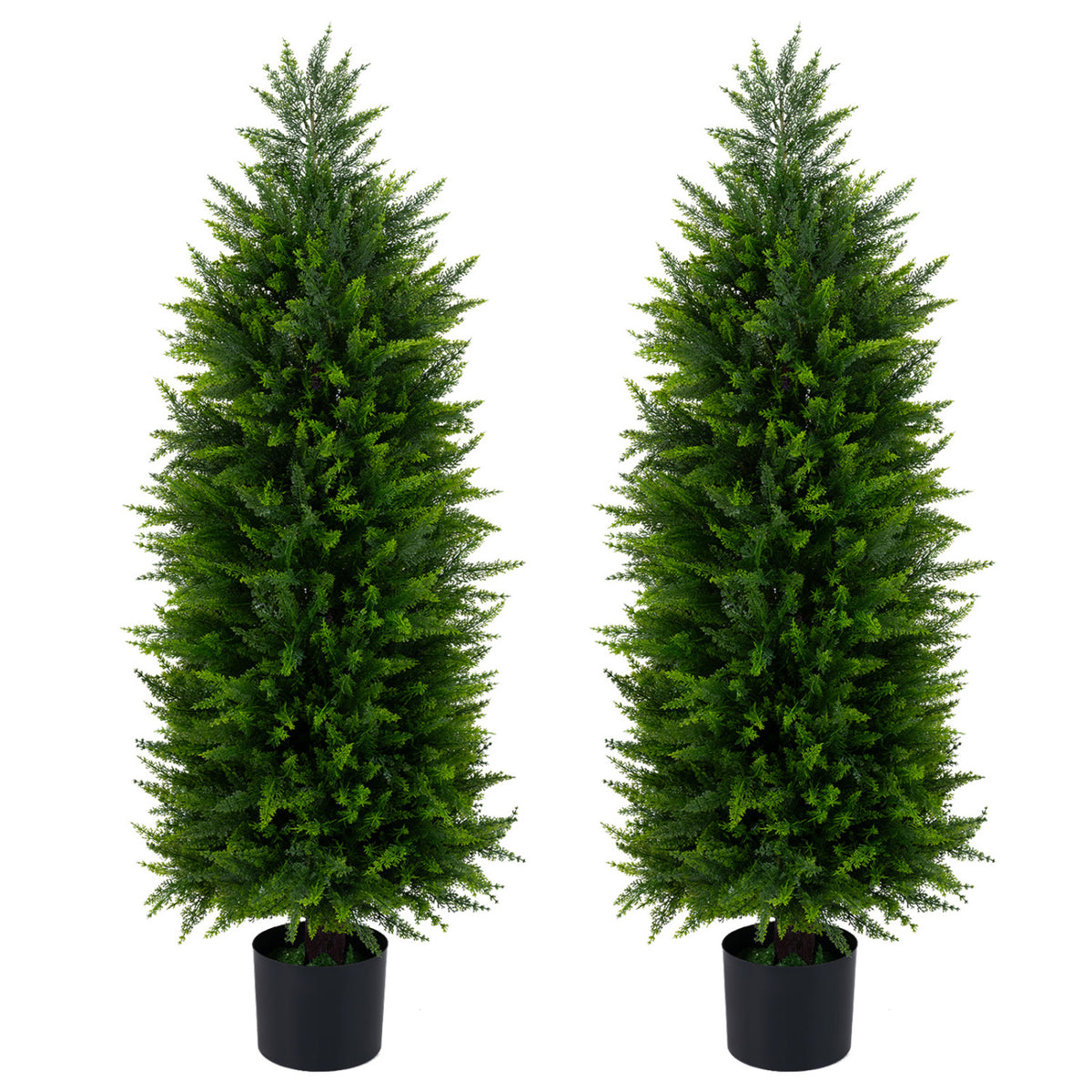 Artificial Topiary Tree Set of 2 in Cement Pots - Green Faux Cedar Cypress